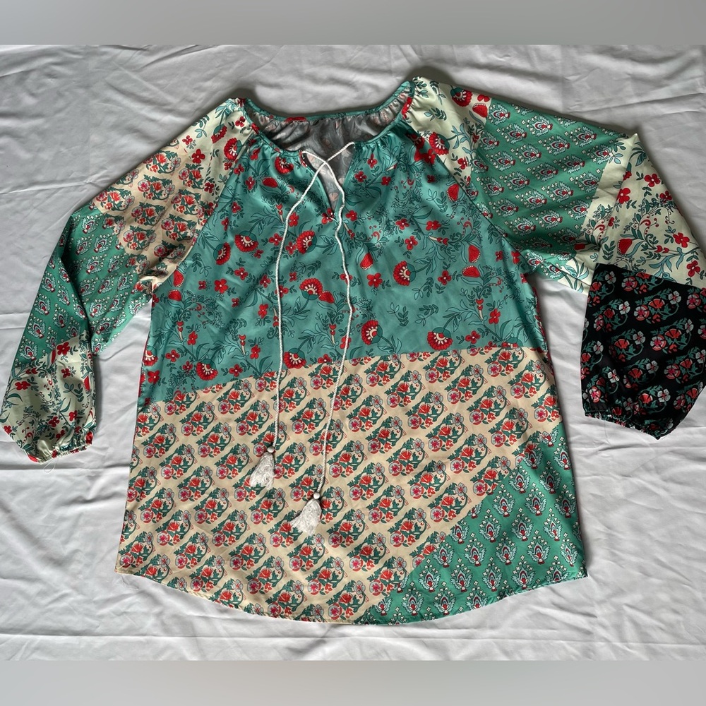 Patchwork Boho Peasant Blouse Top 2XL Floral Spring Balloon Sleeve Casual Tassel - Picture 5 of 16